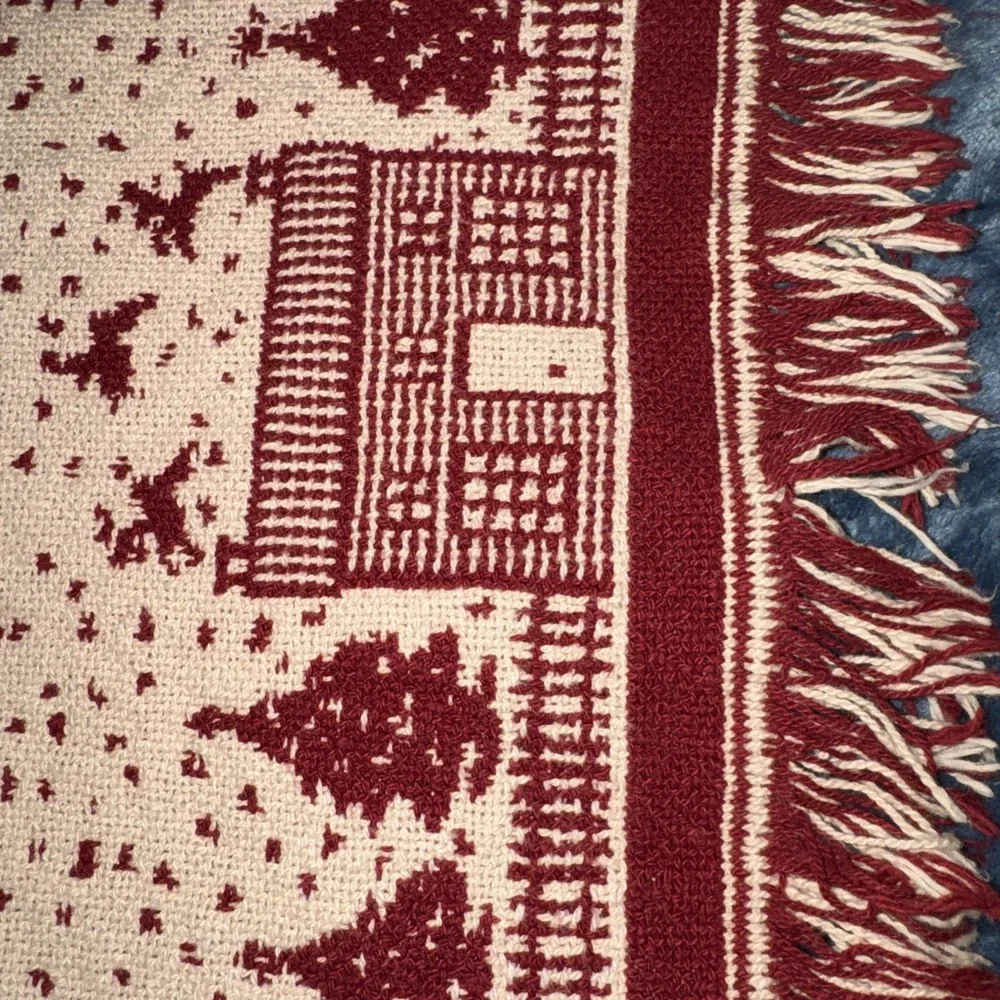 Crate Barrel table runner Red White Fringed House Tree Motif Belgian Cott 2 Side
